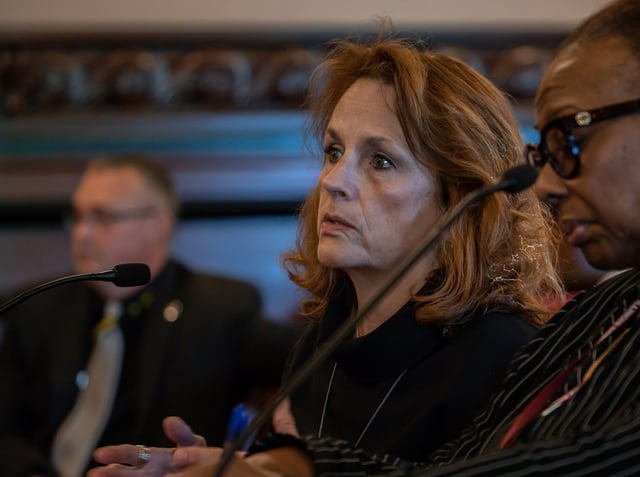 Lori Healey, CEO of the Metropolitan Pier and Exposition Authority, center, and Senator Mattie Hunter (D), 3rd District, right, testify in front of the Senate Executive Committee during a spring session of the Illinois General Assembly at the State Capitol in Springfield on May 29, 2019. (Zbigniew Bzdak/Chicago Tribune)