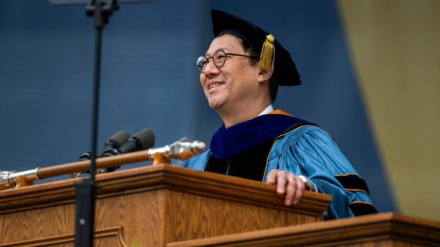 University of Michigan President Santa Ono speaks during a commencement ceremony for the Class of 2025 on Saturday, May 3, 2025, at the Big House in Ann Arbor, Michigan. Ono has been named the sole finalist to be the next president of the University of Florida. (Katy Kildee/The Detroit News/TNS)