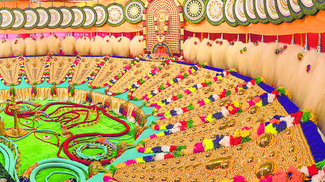 A view of exhibition of elephant ornaments ahead of the Thrissur Pooram festival, in Thrissur on Sunday (PTI)