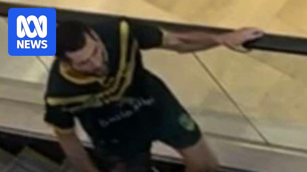 A poor quality photo of a man with a knife on an escalator, taken from above.