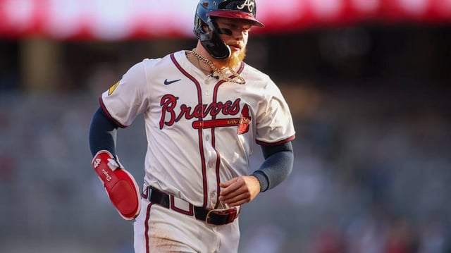 May 4, 2025; Atlanta, Georgia, USA; Atlanta Braves left fielder Alex Verdugo (8) rounds third after a home run by third baseman Austin Riley (not pictured) against the Los Angeles Dodgers in the first inning at Truist Park. Mandatory Credit: Brett Davis-Imagn Images