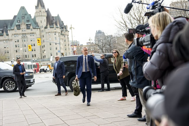 Canadian Prime Minister Mark Carney arrives at the Office of the Prime Minister and Privy Council, the morning after the Liberal Party won the Canadian federal election, in Ottawa, on Tuesday, April 29, 2025. THE CANADIAN PRESS/Justin Tang