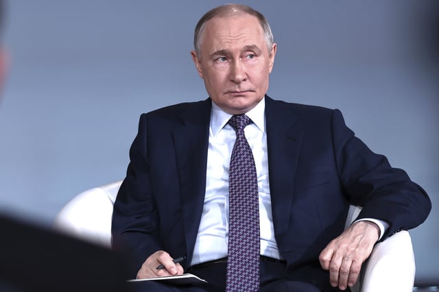 Russian President Vladimir Putin attends the educational marathon at the Victory Museum on Poklonnaya Gora in Moscow, Russia, Wednesday, April 30, 2025.