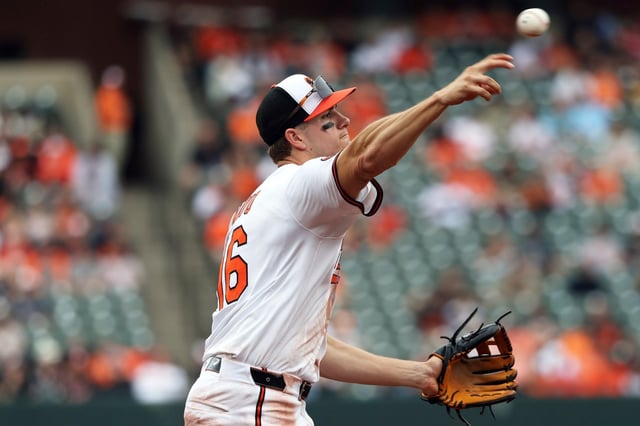 Baltimore Orioles third baseman Coby Mayo throws to first base for an out during the eighth inning of a baseball game against the Kansas City Royals, Sunday, May 4, 2025, in Baltimore. (AP Photo/Daniel Kucin Jr.)