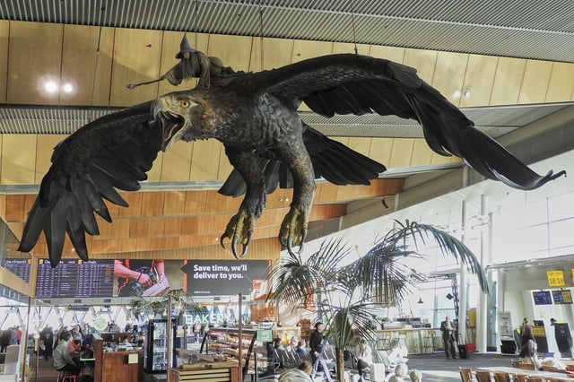 One of the sculptures hangs over the food court area in Wellington Airport, New Zealand.