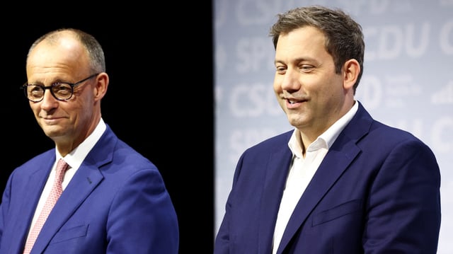 Le futur chancelier allemand Friedrich Merz (CDU, à droite) et le vice-chancelier allemand désigné et ministre des Finances Lars Klingbeil (SPD) assistent à un événement pour la signature de l’accord de coalition à Berlin, le 5 mai 2025.