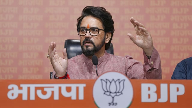 BJP leader Anurag Thakur during a press conference in New Delhi on April 18, 2025.