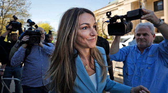Karen Read leaves Norfolk Superior Court in Dedham after close of court testimony on Wednesday, April 30, 2025. She faced a number of members of the media to answer a few questions about her murder trial.