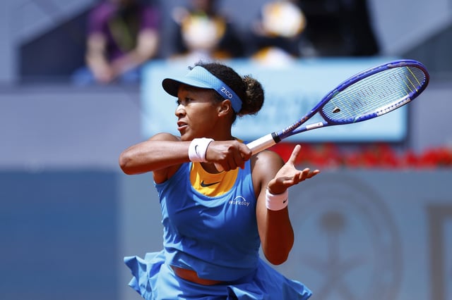 Naomi Osaka of Japan in action against Lucia Bronzetti of Italy during the Mutua Madrid Open 2025, ATP Masters 1000 and WTA 1000, tennis tournament celebrated at Caja Magica on April 22, 2025 in Madrid, Spain. AFP7 22/04/2025 (Europa Press via AP)