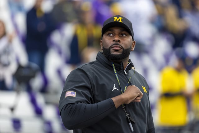 Oct 5, 2024; Seattle, Washington, USA; Michigan Wolverines head coach Sherrone Moore walks out of the locker room during pregame warmups against the Washington Huskies at Alaska Airlines Field at Husky Stadium. Joe Nicholson-Imagn Images/ File Photo