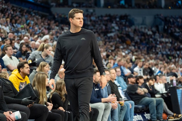 Apr 13, 2025; Minneapolis, Minnesota, USA; Utah Jazz head coach Will Hardy reacts to a call that goes the way of the Minnesota Timberwolves in the first quarter at Target Center. Matt Blewett-Imagn Images/ File Photo