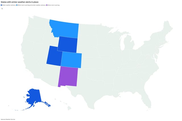 A map created by Newsweek shows where a winter storm warning or winter weather advisory are in place as of Monday morning.