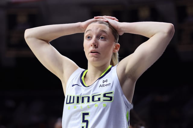 SOUTH BEND, INDIANA – MAY 02: Paige Bueckers #5 of the Dallas Wings reacts against the Las Vegas Aces during the preseason game at Purcell Pavilion on May 02, 2025 in South Bend, Indiana. NOTE TO USER: User expressly acknowledges and agrees that, by downloading and or using this photograph, User is consenting to the terms and conditions of the Getty Images License Agreement. (Photo by Justin Casterline/Getty Images)