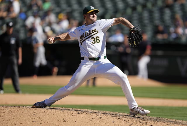 OAKLAND, CALIFORNIA - SEPTEMBER 08: Ross Stripling #36 of the Oakland Athletics pitches against the Detroit Tigers in the top of the eighth inning at the Oakland Coliseum on September 8, 2024 in Oakland California.