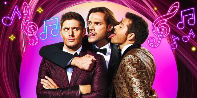 Supernatural's Misha Collins and Jared Padalecki sticking their tongues out at Jensen Ackles with musical notes in the background