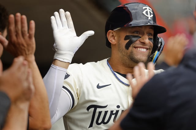 Jun 12, 2024; Minneapolis, Minnesota, USA; Minnesota Twins designated hitter Royce Lewis (23) celebrates his two-run home run against the Colorado Rockies in the sixth inning at Target Field. Bruce Kluckhohn-USA TODAY Sports/ File Photo