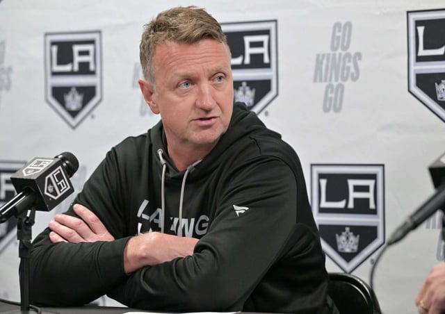 Kings general manager Rob Blake answers questions from reporters May 6, 2024, in El Segundo. (Photo by Brittany M. Solo, Press-Telegram/SCNG)