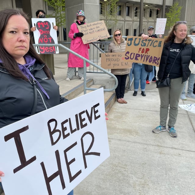 Jennifer Dunn, executive director of the London Abused Women’s Centre, outside London's Ontario Superior Court, where five members of the winning 2018 world junior hockey team are on trial for sexual assault.