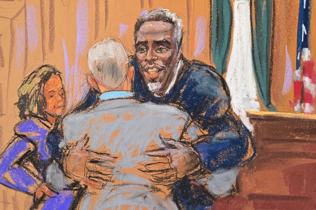 Sean "Diddy" Combs embraces his attorneys before jury questioning got underway in his sex trafficking trial in New York City, New York, U.S., May 5, 2025 in this courtroom sketch.