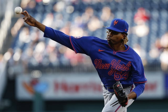 New York Mets pitcher José Ureña (54) throws during the seventh inning of a baseball game against the Washington Nationals in Washington, Monday, April 28, 2025. (AP Photo/Terrance Williams)