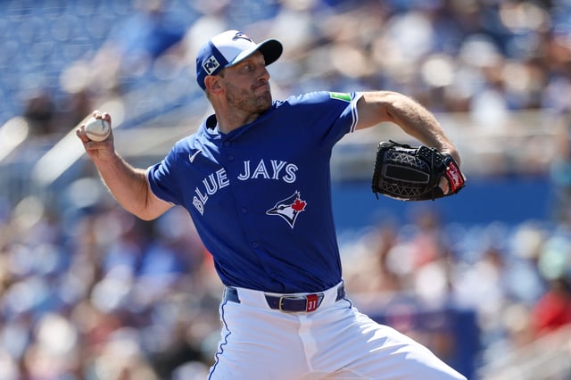 Mar 2, 2025; Dunedin, Florida, USA; Toronto Blue Jays pitcher Max Scherzer (31) throws a pitch against the Philadelphia Phillies in the first inning during spring training at TD Ballpark. Mandatory Credit: Nathan Ray Seebeck-Imagn Images/File Photo