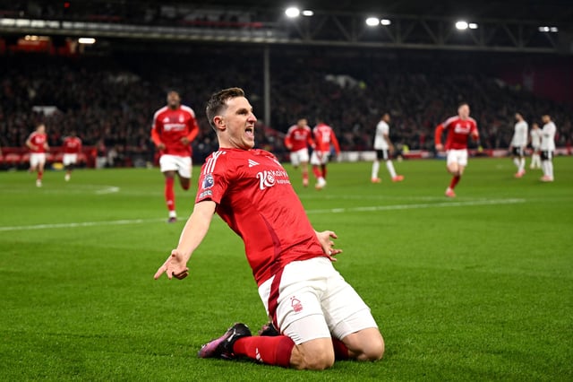 Chris Wood of Nottingham Forest celebrates scoring his team&#39;s first goal during the Premier League match between Nottingham Forest FC and Liverpool FC at City Ground on January 14, 2025 in Nottingham, England.