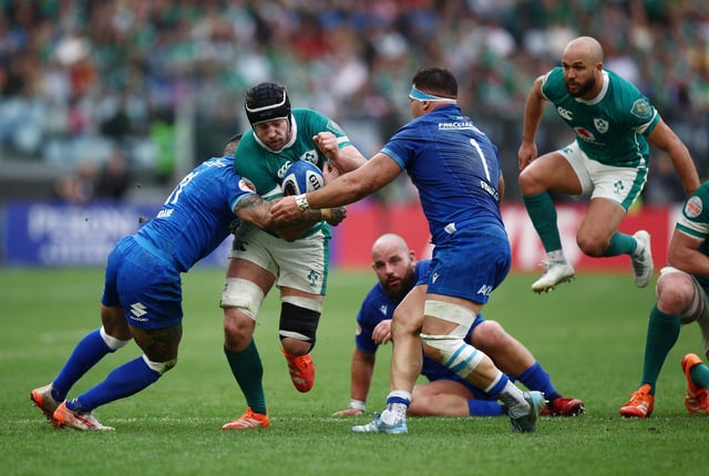 Rugby Union - Six Nations Championship - Italy v Ireland - Stadio Olimpico, Rome, Italy - March 15, 2025 Ireland's Caelan Doris in action with Italy's Monty Ioane and Danilo Fischetti REUTERS/Guglielmo Mangiapane/File Photo