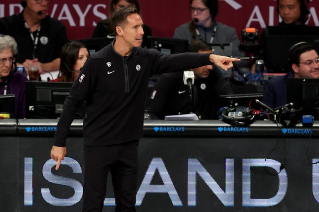 Oct 27, 2022; Brooklyn, New York, USA; Brooklyn Nets head coach Steve Nash coaches against the Dallas Mavericks during the first quarter at Barclays Center. Mandatory Credit: Brad Penner-USA TODAY Sports/File Photo
