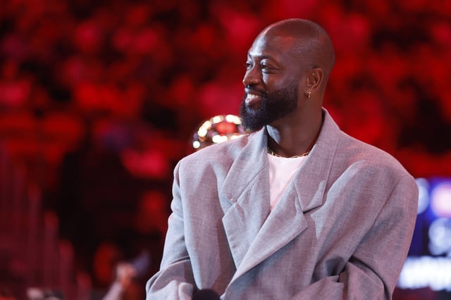 Oct 28, 2024; Miami, Florida, USA; Former Miami Heat guard Dwyane Wade is honored at halftime during the game against the Detroit Pistons at Kaseya Center. Mandatory Credit: Rhona Wise-Imagn Images/File Photo