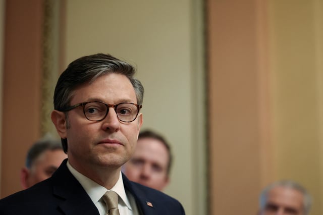 U.S. Speaker of the House Mike Johnson looks on during the signing of the Laken Riley Act, alongside members of the Georgia delegation, in the Speaker’s ceremonial office on Capitol Hill in Washington, U.S., January 23, 2025. REUTERS/Kaylee Greenlee Beal