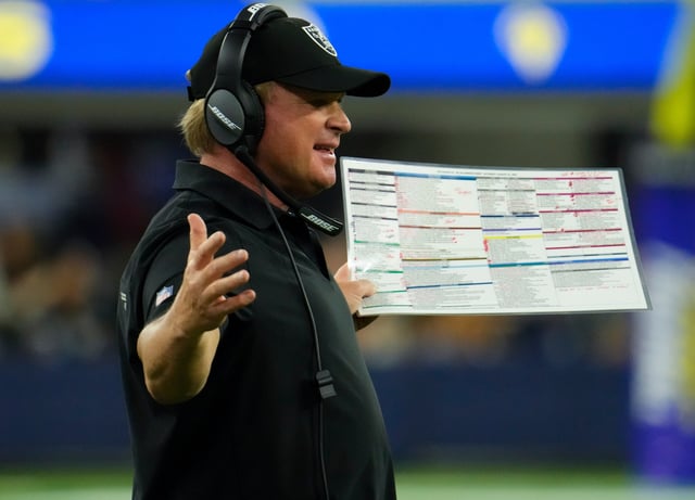 Aug 21, 2021; Inglewood, California, USA; Las Vegas Raiders head coach Jon Gruden gestures to referees during the third quarter against the Los Angeles Rams at SoFi Stadium. Mandatory Credit: Robert Hanashiro-USA TODAY Sports/File Photo