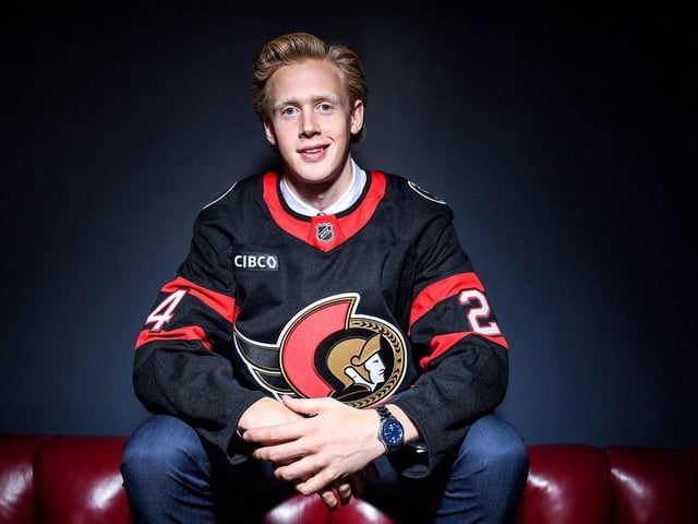 Gabriel Eliasson poses for a portrait after being drafted by the Ottawa Senators with the 39th overall pick in the 2024 Upper Deck NHL Draft at Sphere on June 29, 2024 in Las Vegas, Nevada.
