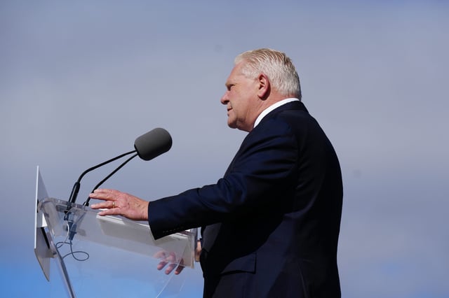 Ontario Premier Doug Ford speaks to journalists during an availability in Mississauga, Ont., on Wednesday, April 30, 2025. THE CANADIAN PRESS/Chris Young