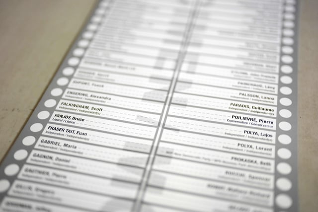 An example of a ballot for the riding of Carleton, showing the names of Conservative Leader Pierre Poilievre and Liberal Party of Canada candidate Bruce Fanjoy, is seen at the Elections Canada Distribution Centre on the day of the federal election in Ottawa on April 28, 2025. THE CANADIAN PRESS/Justin Tang