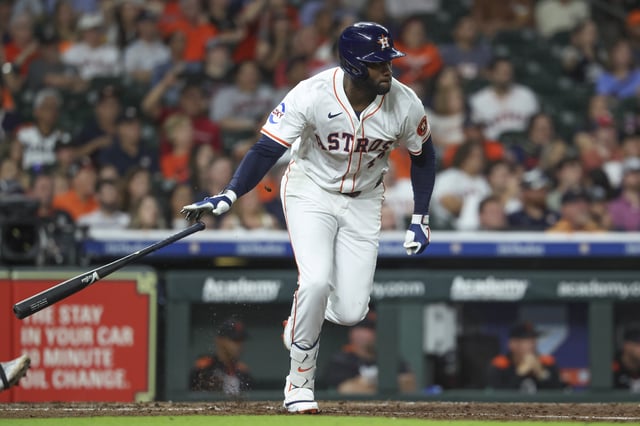Apr 29, 2025; Houston, Texas, USA; Houston Astros designated hitter Yordan Alvarez (44) hits an RBI single during the seventh inning against the Detroit Tigers at Daikin Park. Mandatory Credit: Troy Taormina-Imagn Images/File Photo