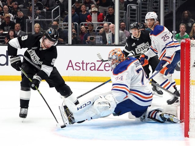  Adrian Kempe #9 of the Los Angeles Kings scores a goal past Stuart Skinner #74 of the Edmonton Oilers during the second period in Game One of the First Round of the 2025 Stanley Cup Playoffs at Crypto.com Arena on April 21, 2025, in Los Angeles, Calif.