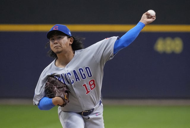 May 4, 2025; Milwaukee, Wisconsin, USA; Chicago Cubs pitcher Shota Imanaga (18) delivers a pitch against the Milwaukee Brewers in the first inning at American Family Field. Mandatory Credit: Michael McLoone-Imagn Images/File Photo