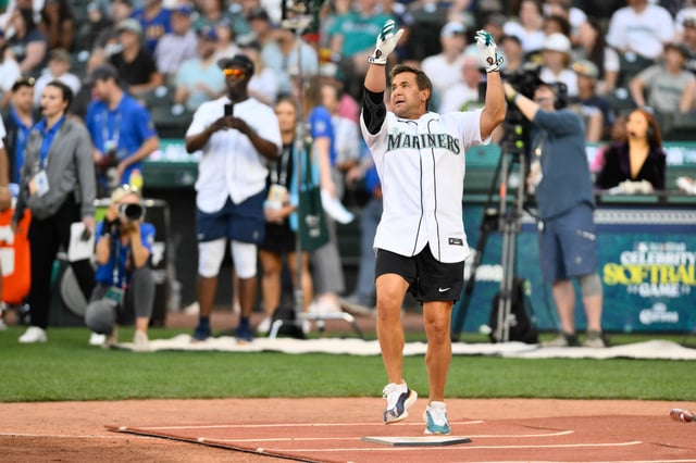 Jul 8, 2023; Seattle, Washington, USA; Former MLB All-Star Bret Boone hits a home run during the All Star Celebrity Game at T-Mobile Park. Mandatory Credit: Steven Bisig-USA TODAY Sports/File Photo