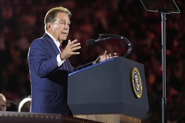 Nick Saban speaks before President Donald Trump gives a commencement address at the University of Alabama, Thursday, May 1, 2025, in Tuscaloosa, Ala. (AP Photo/Manuel Balce Ceneta)