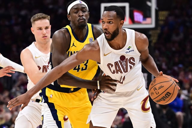 May 4, 2025; Cleveland, Ohio, USA; Indiana Pacers forward Pascal Siakam (43) defends Cleveland Cavaliers forward Evan Mobley (4) during the second half in game one of the second round for the 2025 NBA Playoffs at Rocket Arena. Mandatory Credit: Ken Blaze-Imagn Images/File Photo