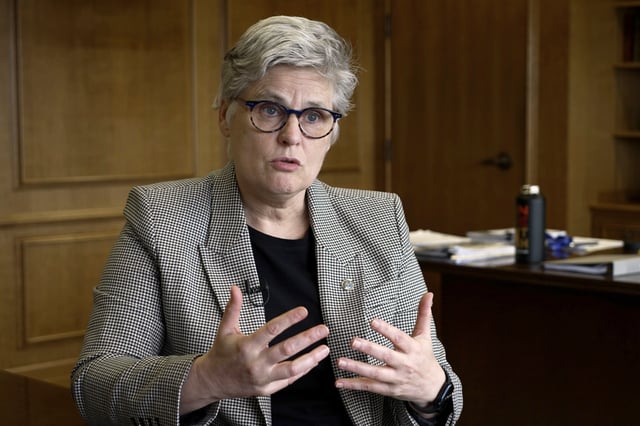 FILE - Hennepin County Attorney Mary Moriarty explains her progressive approach to prosecutions, June 19, 2024, at her office in Minneapolis, Minn. (AP Photo/Mark Vancleave, File)