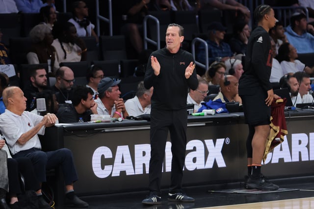 Apr 28, 2025; Miami, Florida, USA; Cleveland Cavaliers head coach Kenny Atkinson reacts from the sideline against the Miami Heat in the third quarter during game four for the first round of the 2025 NBA Playoffs at Kaseya Center. Mandatory Credit: Sam Navarro-Imagn Images/File Photo