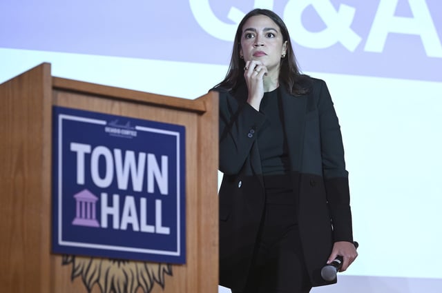 Rep. Alexandria Ocasio-Cortez (D-NY) speaks a town hall gathering in the Jackson Heights neighborhood of the New York City borough of Queens, NY, May 2, 2025.