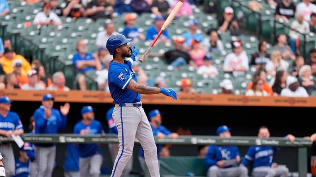 Kansas City Royals third baseman Maikel Garcia (11) reacts to hitting a home run against the Baltimore Orioles during the fifth inning on May 4, 2025 at Oriole Park at Camden Yards in Baltimore, Maryland.