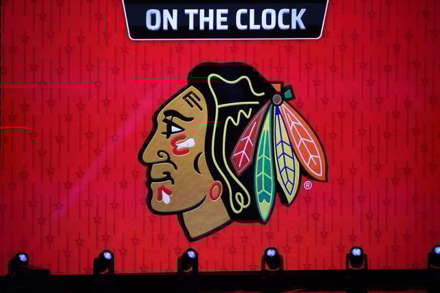 NASHVILLE, TN – JUNE 28: The Chicago Blackhawks logo indicates the team is on the clock during the first round of the Upper Deck NHL Draft, June 28, 2023 at Bridgestone Arena in Nashville, Tennessee. (Photo by Matthew Maxey/Icon Sportswire via Getty Images)