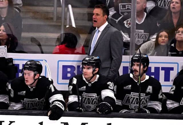 Head coach Jim Hiller of the Los Angeles Kings reacts against the Colorado Avalanche during the first period of a NHL hockey game at Crypto.com Arena in Los Angeles on Saturday, April 12, 2025. (Photo by Keith Birmingham, Orange County Register/ SCNG)