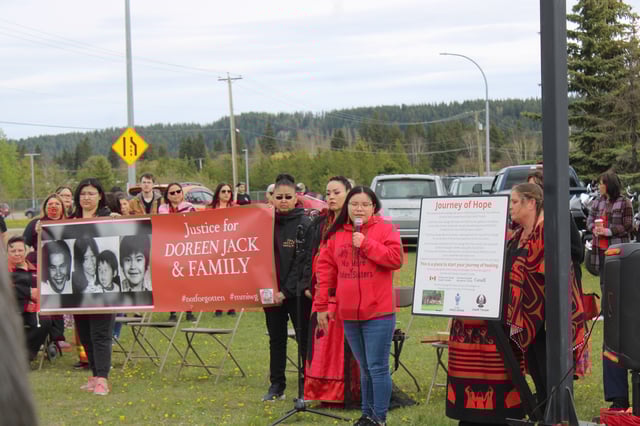 Lana McDonald and members of the Jack family speak to the crowd at Red Dress Day Monday, May 5, 2025 in Prince George, BC