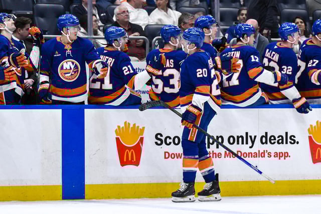 Apr 15, 2025; Elmont, New York, USA; New York Islanders right wing Hudson Fasching (20) celebrates with teammates after scoring a goal against the Washington Capitals during the third period at UBS Arena. Mandatory Credit: John Jones-Imagn Images/File Photo