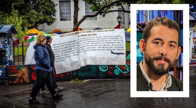 A sign with the poem "What A Gazan Should Do During An Israeli Air Strike," by Mosab Abu Toha (inset) is seen at the University of California, Berkeley, pro-Palestinian student encampment, May 4, 2024. (Jay L. Clendenin/Getty Images)