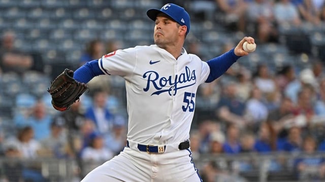 May 5, 2025; Kansas City, Missouri, USA;  Kansas City Royals pitcher Cole Ragans (55) throws in the first inning against the Chicago White Sox at Kauffman Stadium. Mandatory Credit: Peter Aiken-Imagn Images